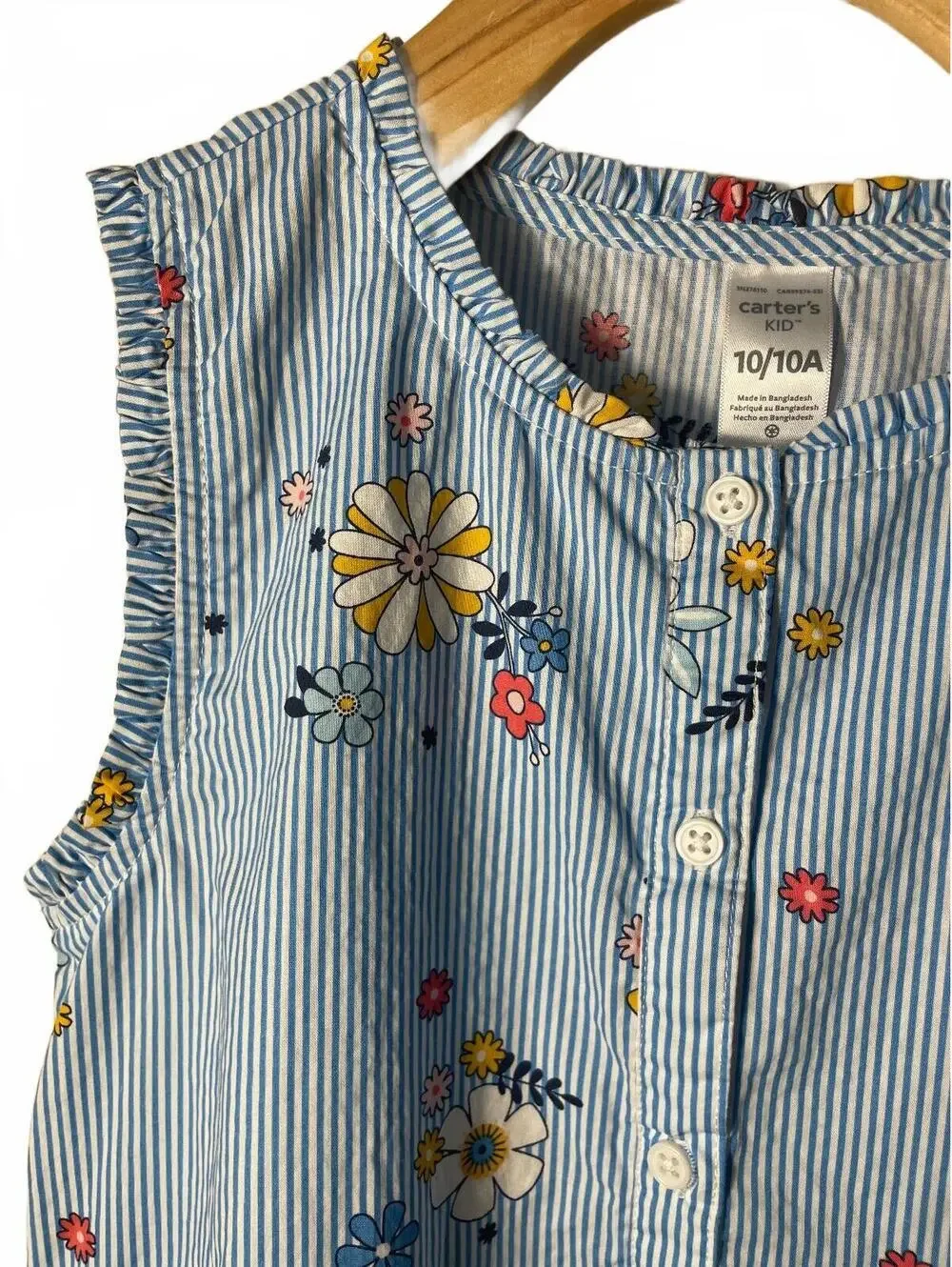 Carters Kids Blue Striped Floral Button Up Dress Size 10 Pleated Ruffle Floral